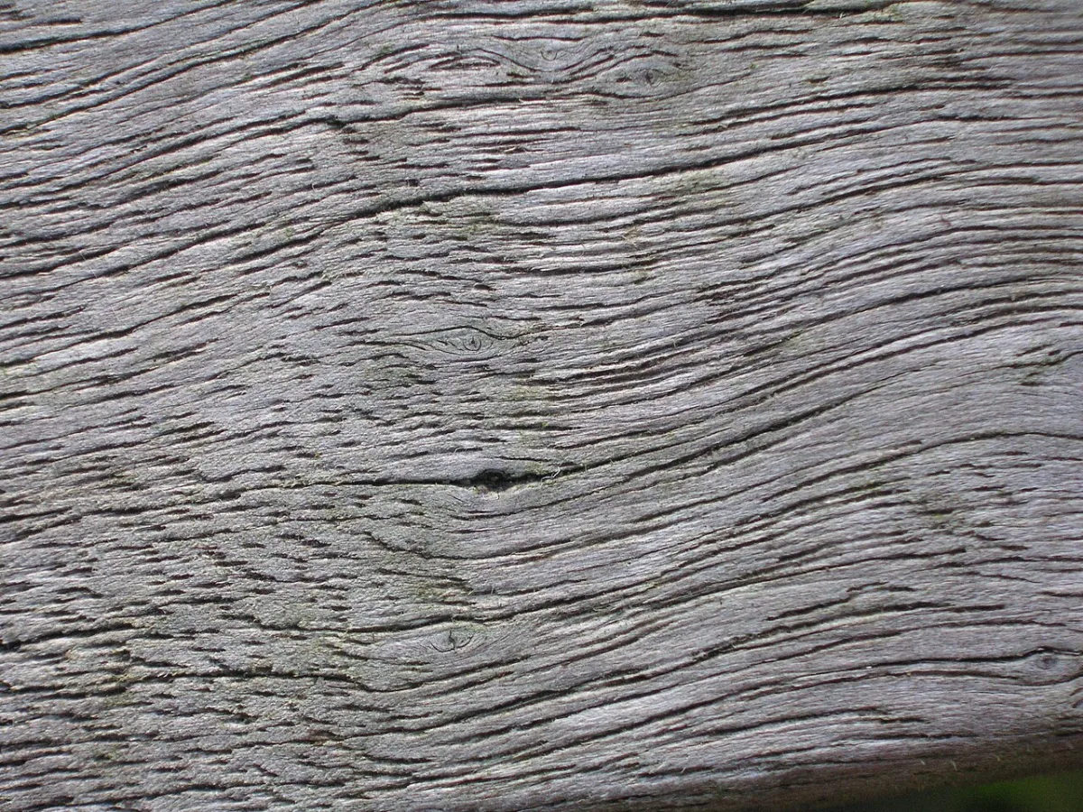 Close-up van verweerd hout met een grijze, verweerde nerfstructuur